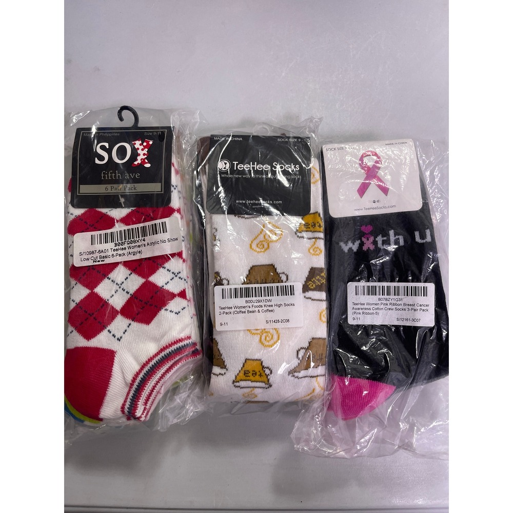 3 Pcs TeeHee Socks Bundle Acrylic Cotton Argyle Coffee Pink Ribbon 9-11 Womens